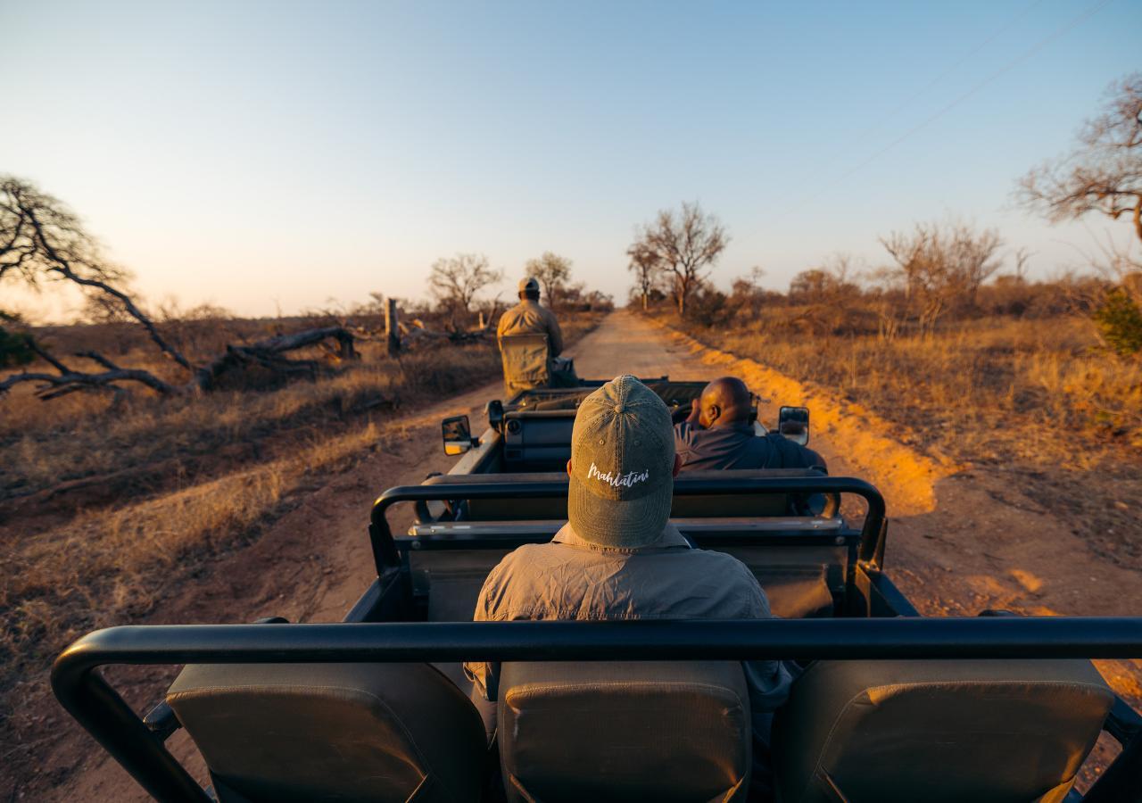 safari vehicle with 3 individuals in it at sunset (Copyright Mahlatini Luxury Travel)