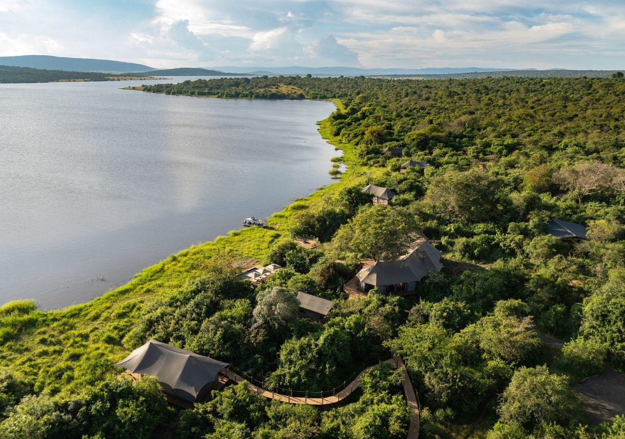 Luxury tented camp by a lake in one of the best safari destinations.