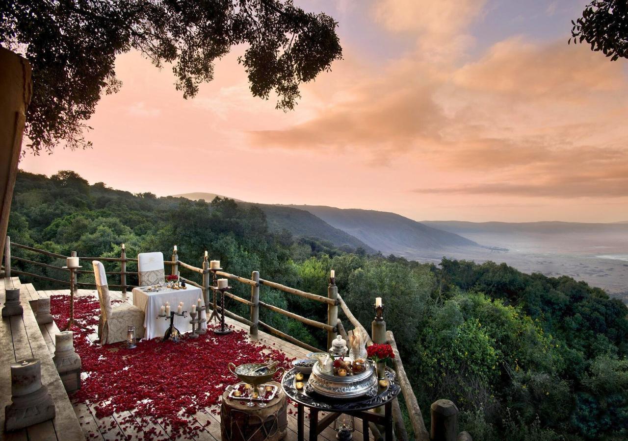 Romantic rose-petal private dinner overlooking Ngorongoro Crater, Tanzania