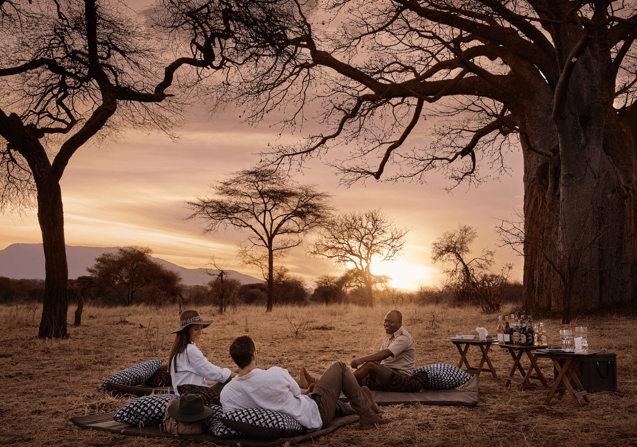 Couple enjoying sundowners on safari