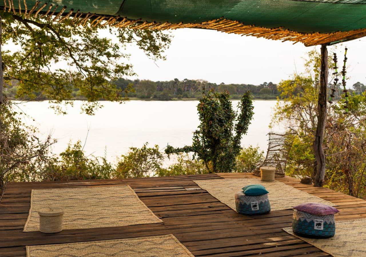Yoga on the deck at Mvuu Lodge in Malawi