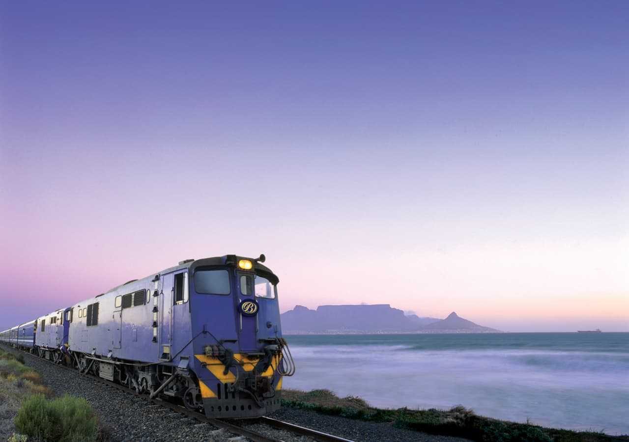 The Blue Train with Table Mountain in background