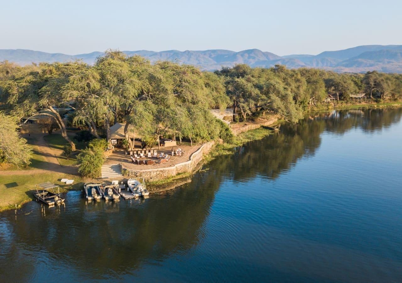 T aerial view of camp by the river