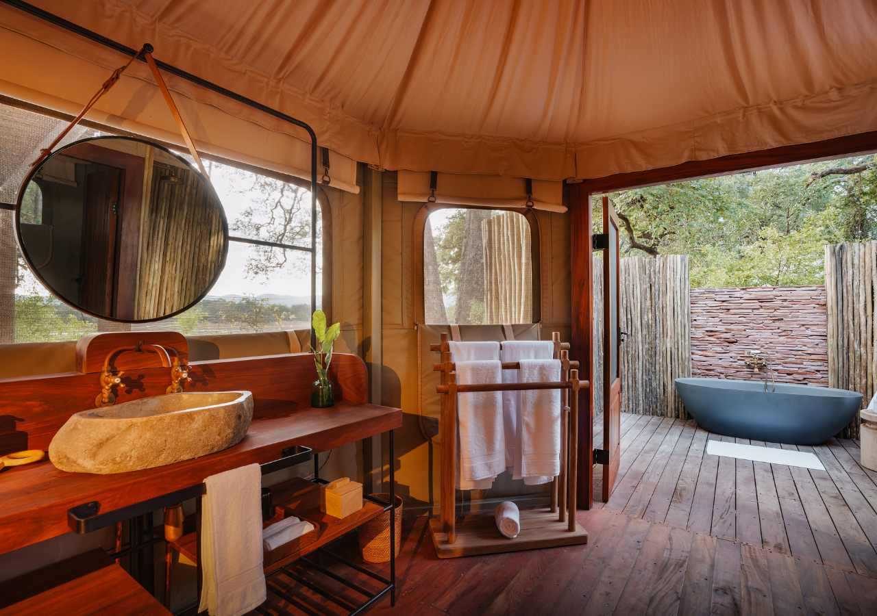 Chindeni Bush Camp Tent Bathroom with Outdoor Tub