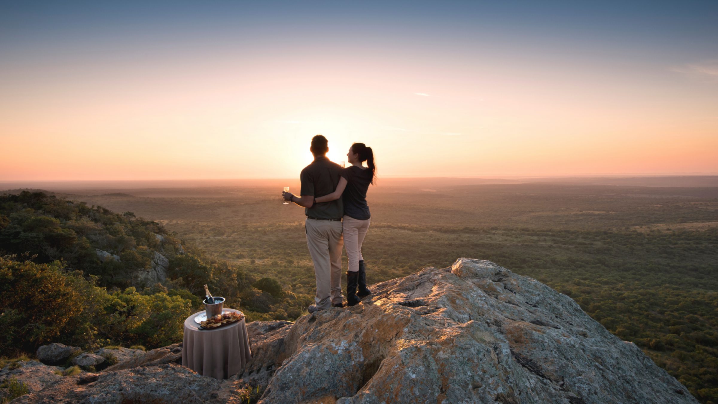 Luxury African honeymoon safari sunset view