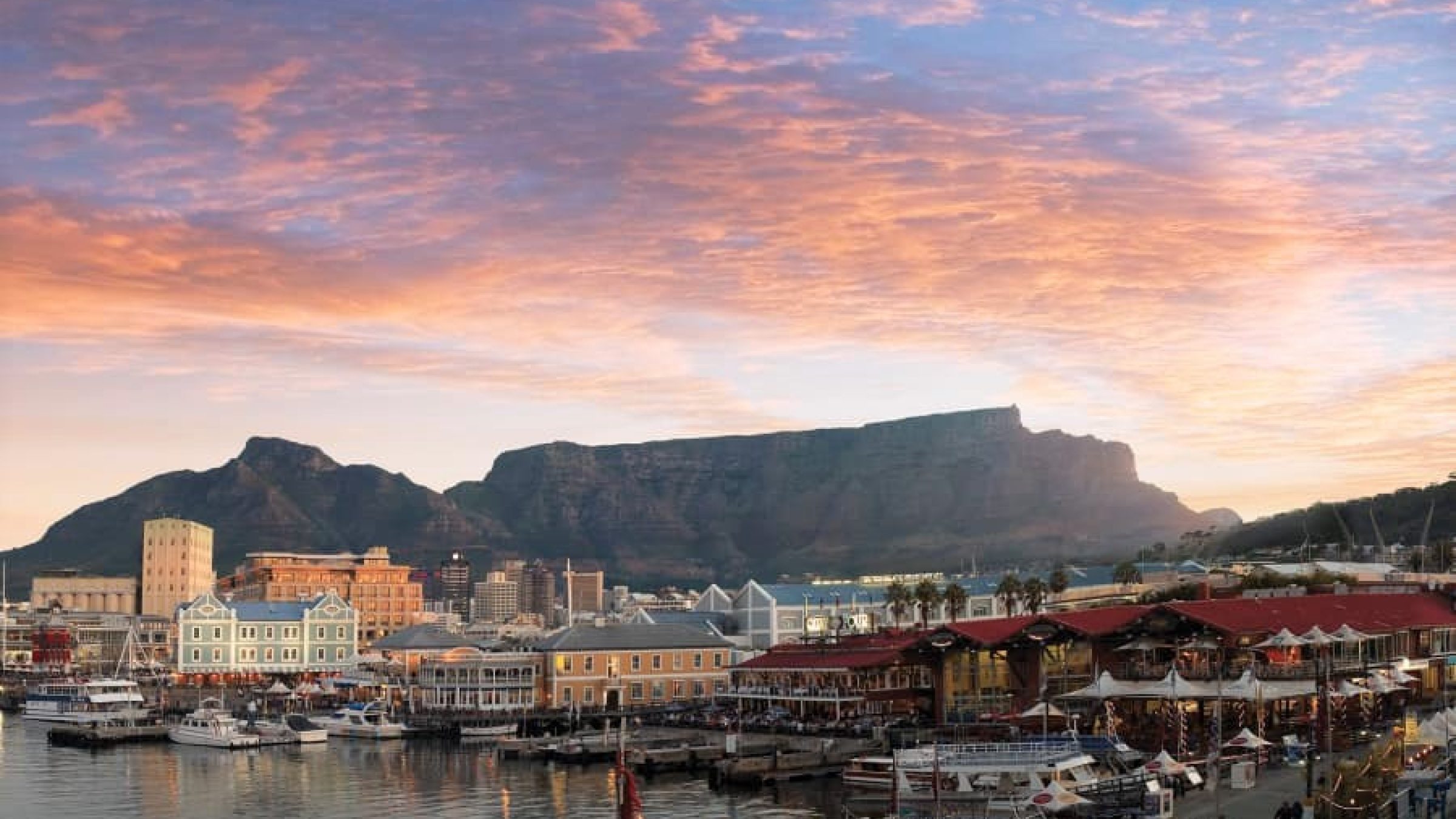 sunset view of Table Mountain in Cape Town South Africa from the V&A Waterfront