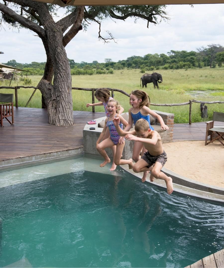 kids jumping into a pool on safari in Zimbabwe