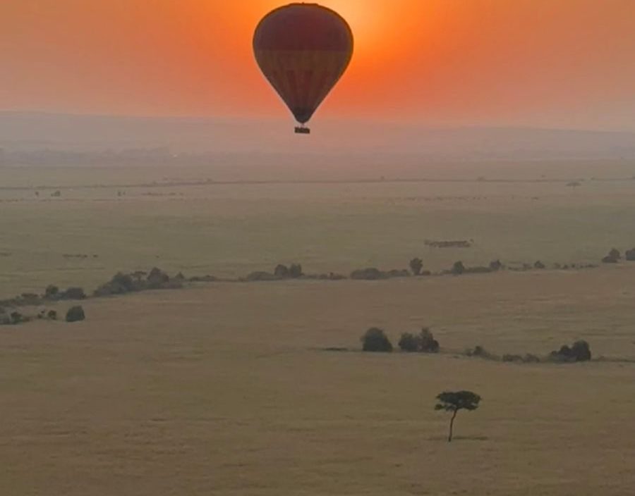 Hot air balloon at sunset over the African plains
