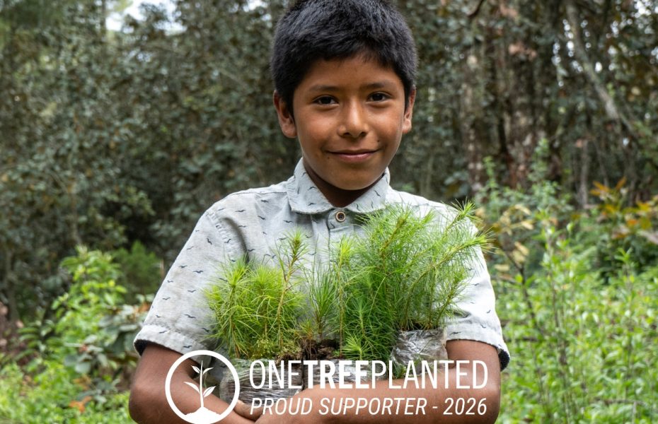 One Tree Planted boy with sapling and product supporter 2026 logo