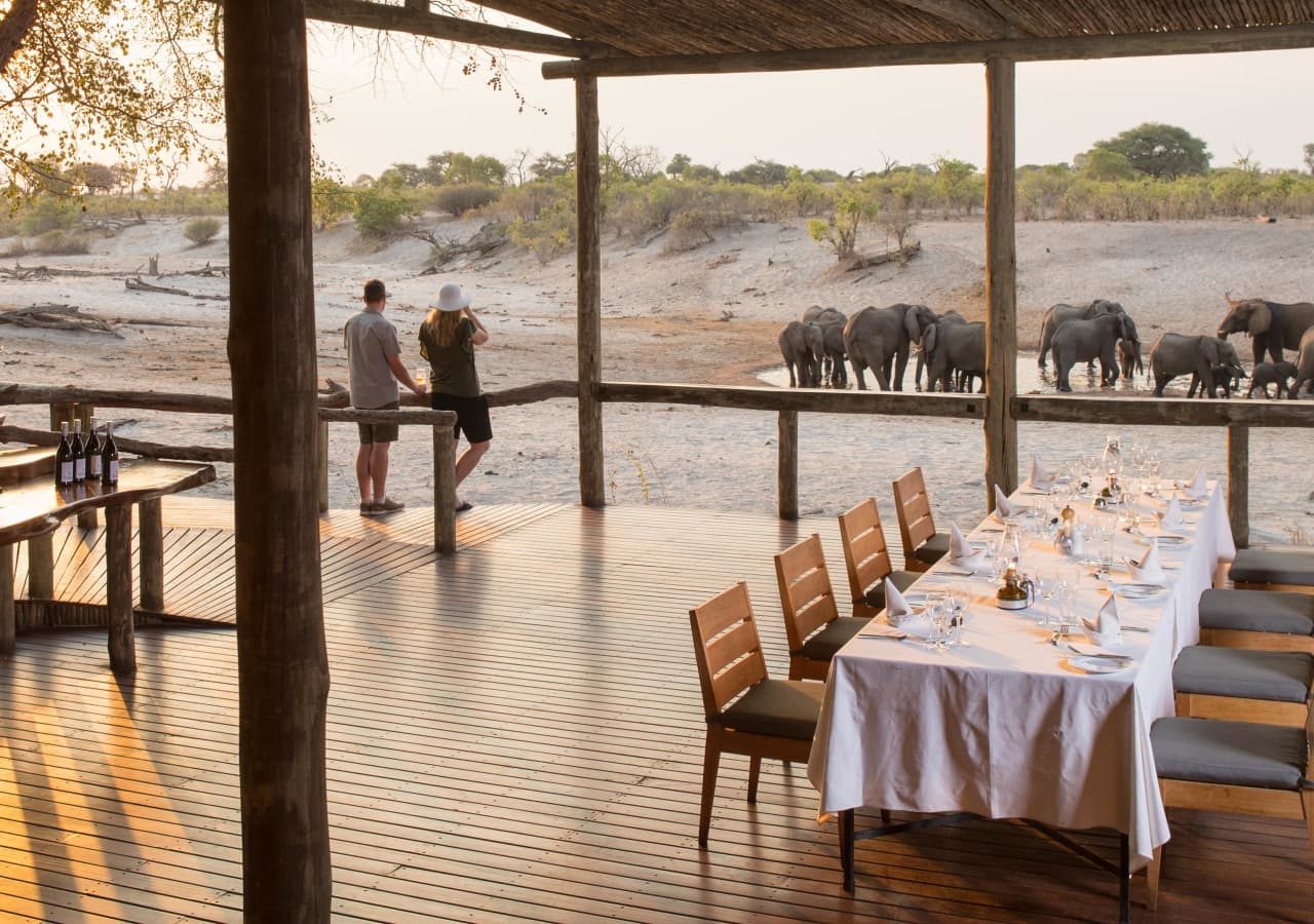 Savute safari lodge dining room with view of elephants 1280