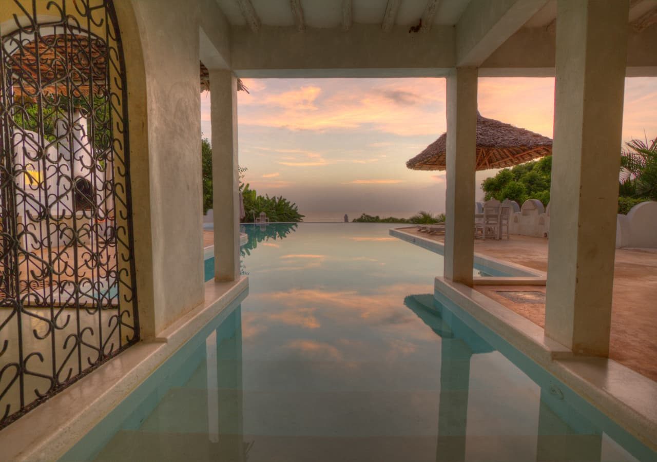 Msambweni beach house and private villas swimming pool at sunset 1280