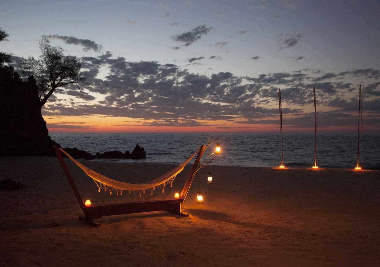 Anjajavy le lodge beach hammock at sunset 1280