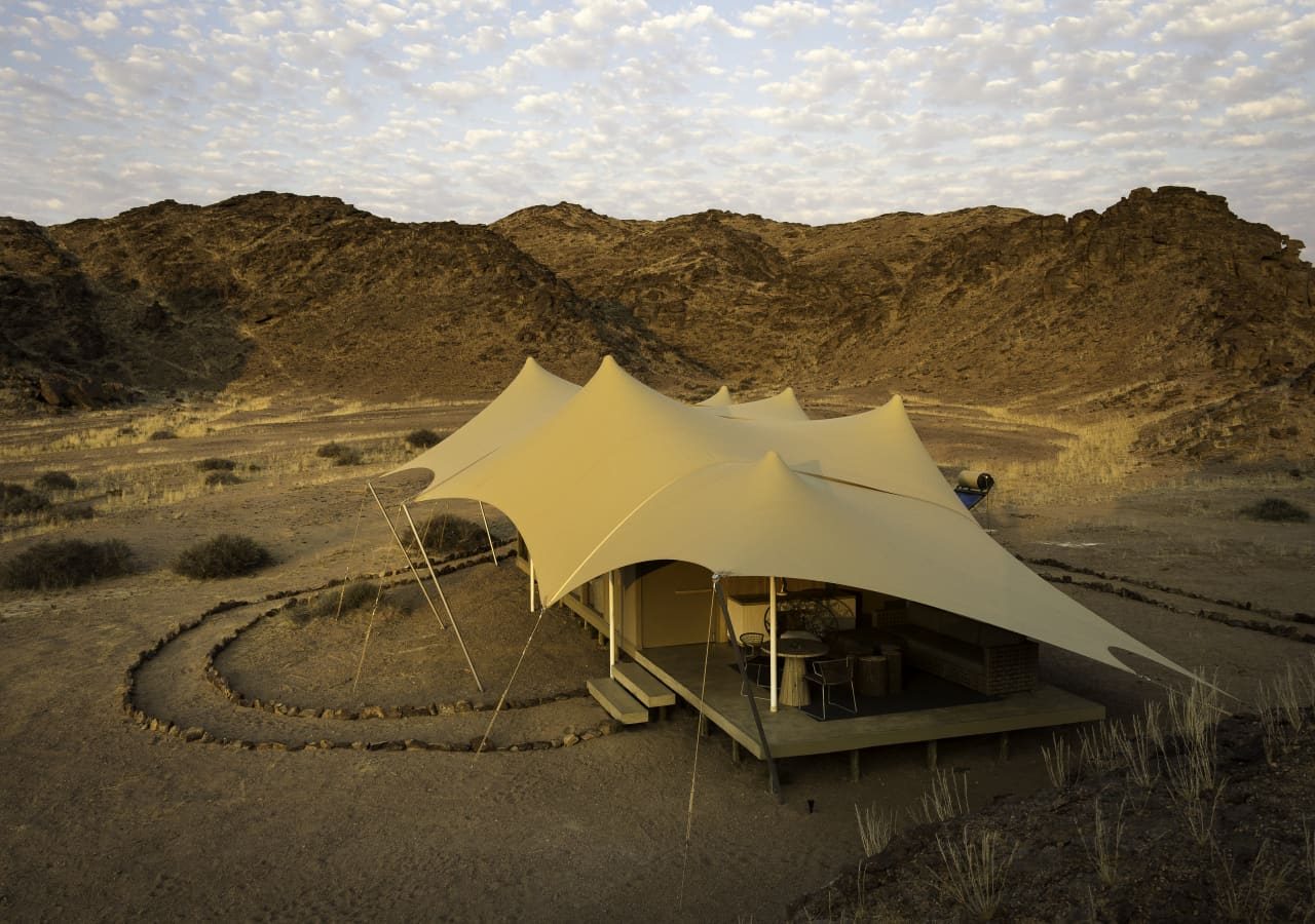 Hoanib skeleton coast camp aerial view of the camp 1280