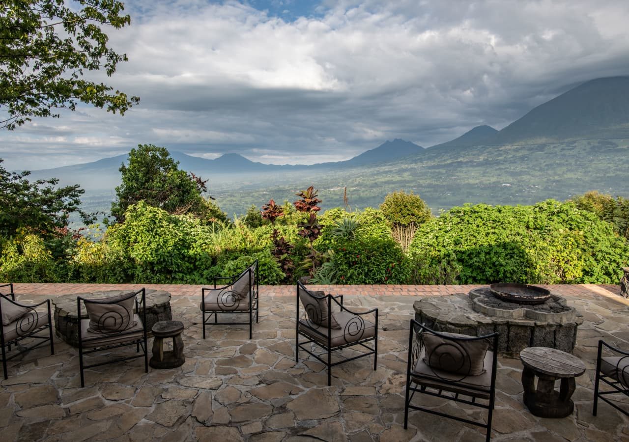 Virunga lodge terrace with a view of the mountains 1280