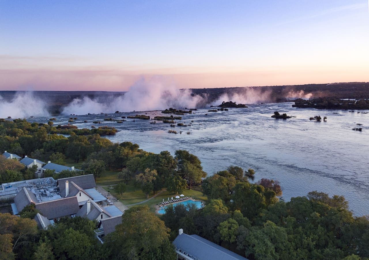 The royal livingstone hotel by anantara aerial view with victoria falls 1280